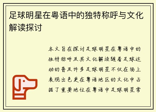 足球明星在粤语中的独特称呼与文化解读探讨